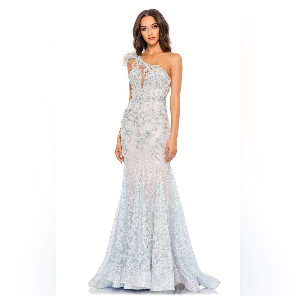 Mac Duggal One-Shoulder Pale Blue Embellished Lace Maxi Gown
